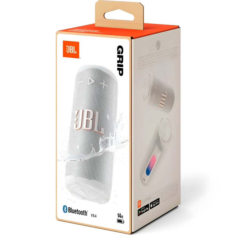 JBL Coluna Bluetooth Grip Branco, vista frontal: tecido branco, logótipo JBL em coral e botões no topo - Item7