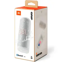 JBL Coluna Bluetooth Grip Branco, caixa: embalagem em ângulo com coluna cilíndrica branca e detalhes do produto