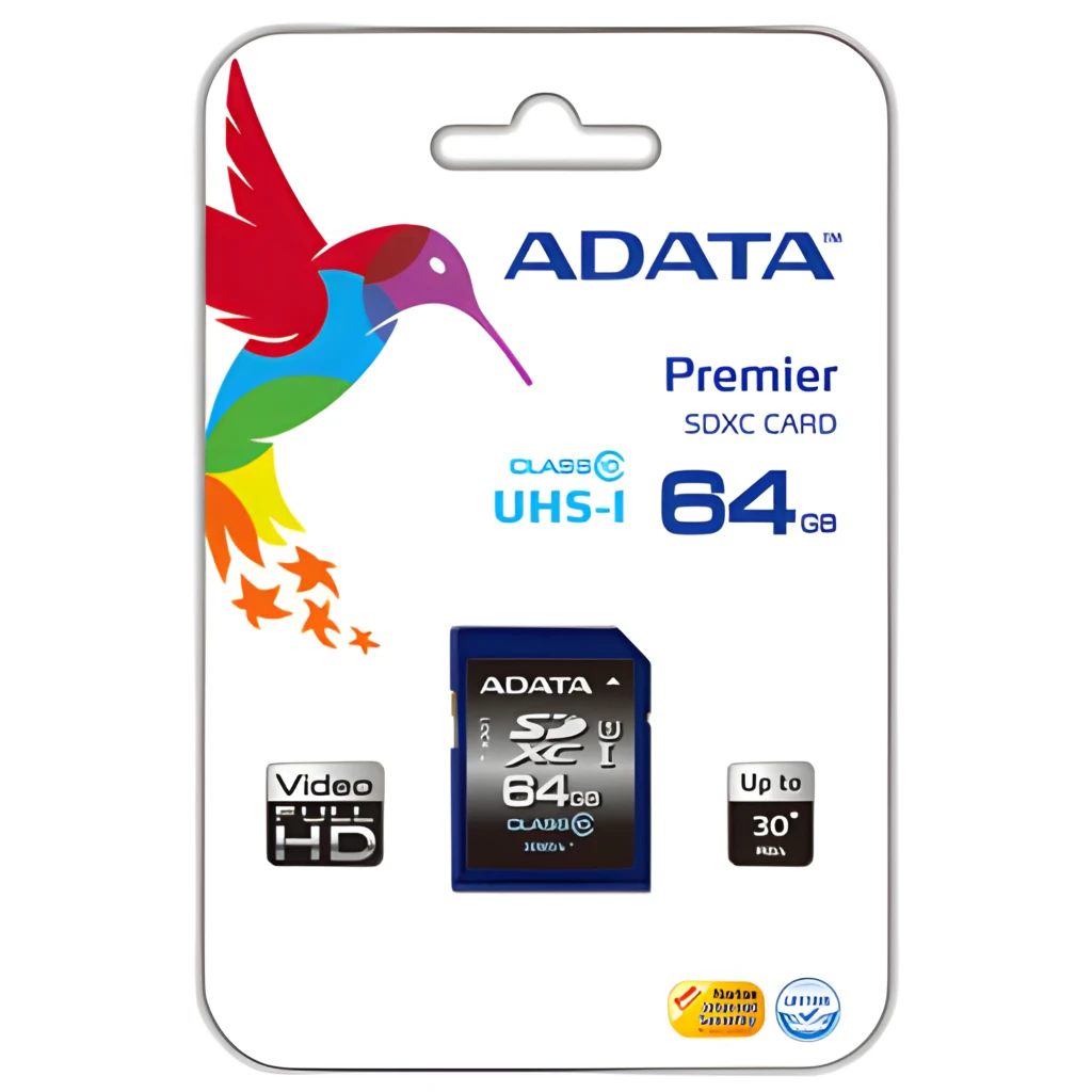 ADATA Premier SDXC 64GB Azul, vista frontal: tarjeta SD azul con etiqueta negra, logo SDXC UHS-I, Class 10 y 30MB/s - Ítem1