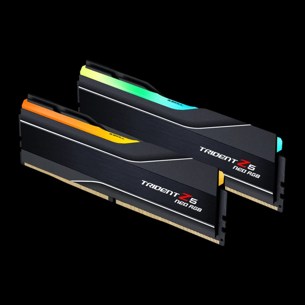 G.Skill Trident Z5 Neo RGB DDR5 32GB 6000MHz Noir, vue en angle: kit 2 modules avec éclairage RGB multicolore sur la barre