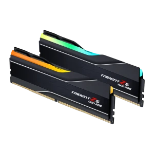 G.Skill Trident Z5 Neo RGB DDR5 32GB 6000MHz Preto, vista em ângulo: kit 2 módulos com iluminação RGB multicolor na barra