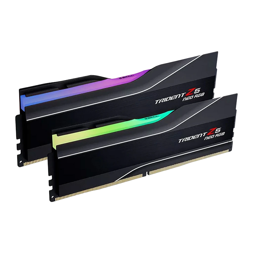 G.Skill Trident Z5 Neo RGB DDR5 32GB 6000MHz Preto, vista em ângulo: kit 2 módulos com iluminação RGB multicolor na barra - Item1