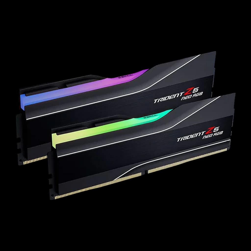 G.Skill Trident Z5 Neo RGB DDR5 32GB 6000MHz Noir, vue de face: deux modules parallèles avec dissipateur brossé et RGB