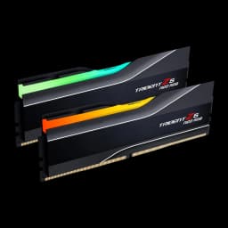 G.Skill Trident Z5 Neo RGB DDR5 32GB 6000MHz Noir, vue latérale droite: deux modules décalés avec RGB vert-orange et