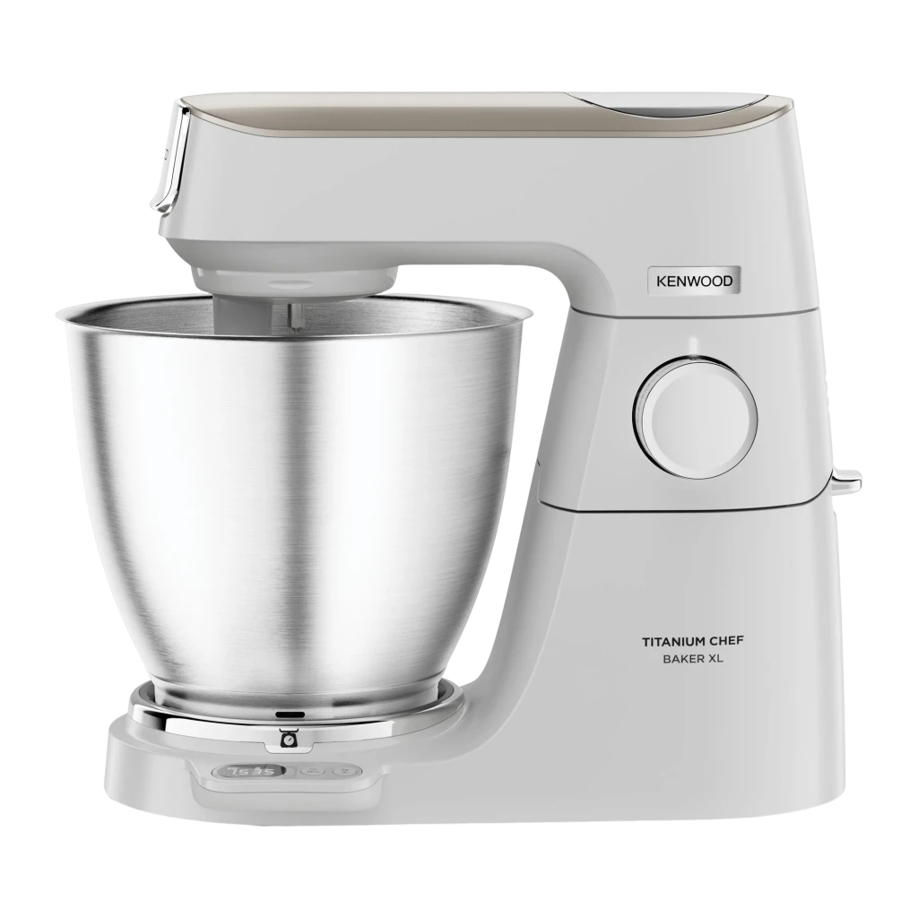 Kenwood KVL65.001WH Titanium Chef Baker XL Blanc, vue latérale: robot pâtissier avec bol en acier inoxydable et bouton de