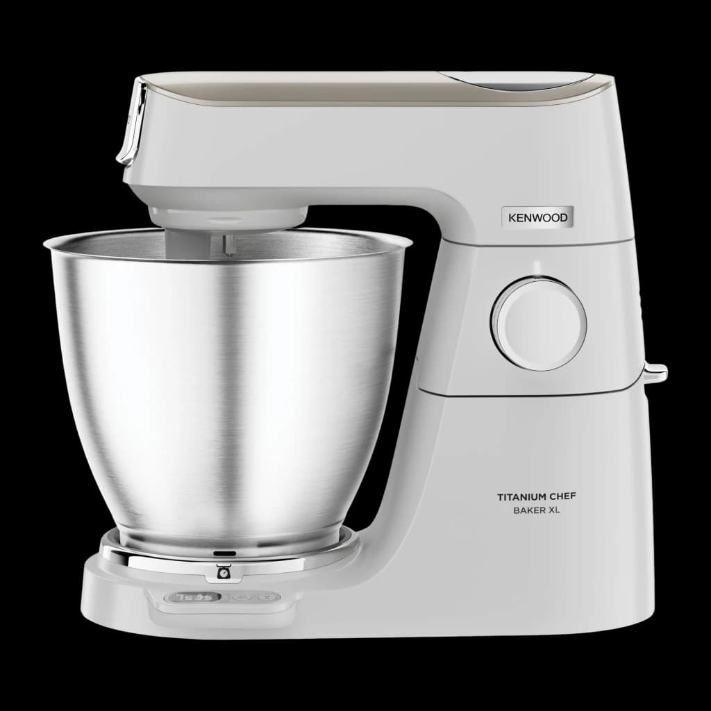 Kenwood KVL65.001WH Titanium Chef Baker XL Blanc, vue latérale: robot pâtissier avec bol en acier inoxydable et bouton de