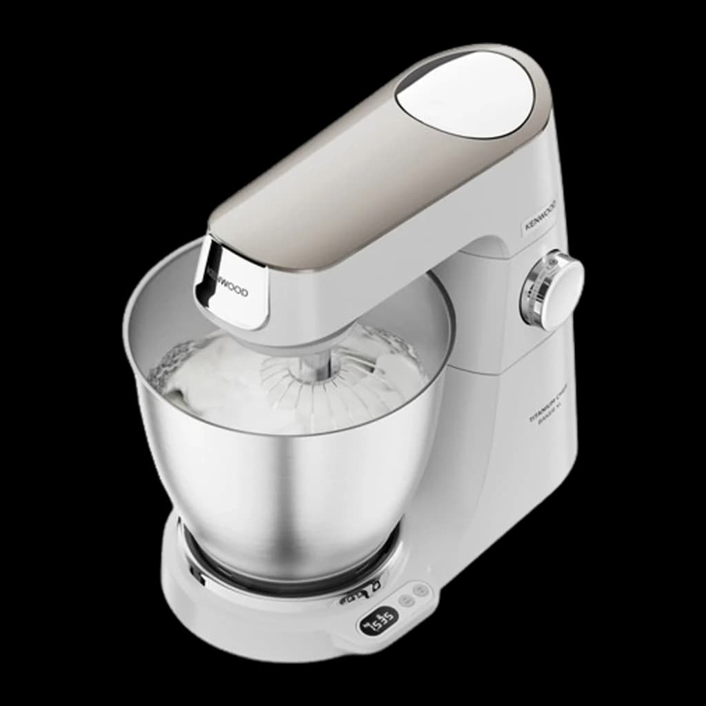 Kenwood KVL65.001WH Titanium Chef Baker XL Blanc, vue plongeante: panneau supérieur champagne, fouet dans le bol et