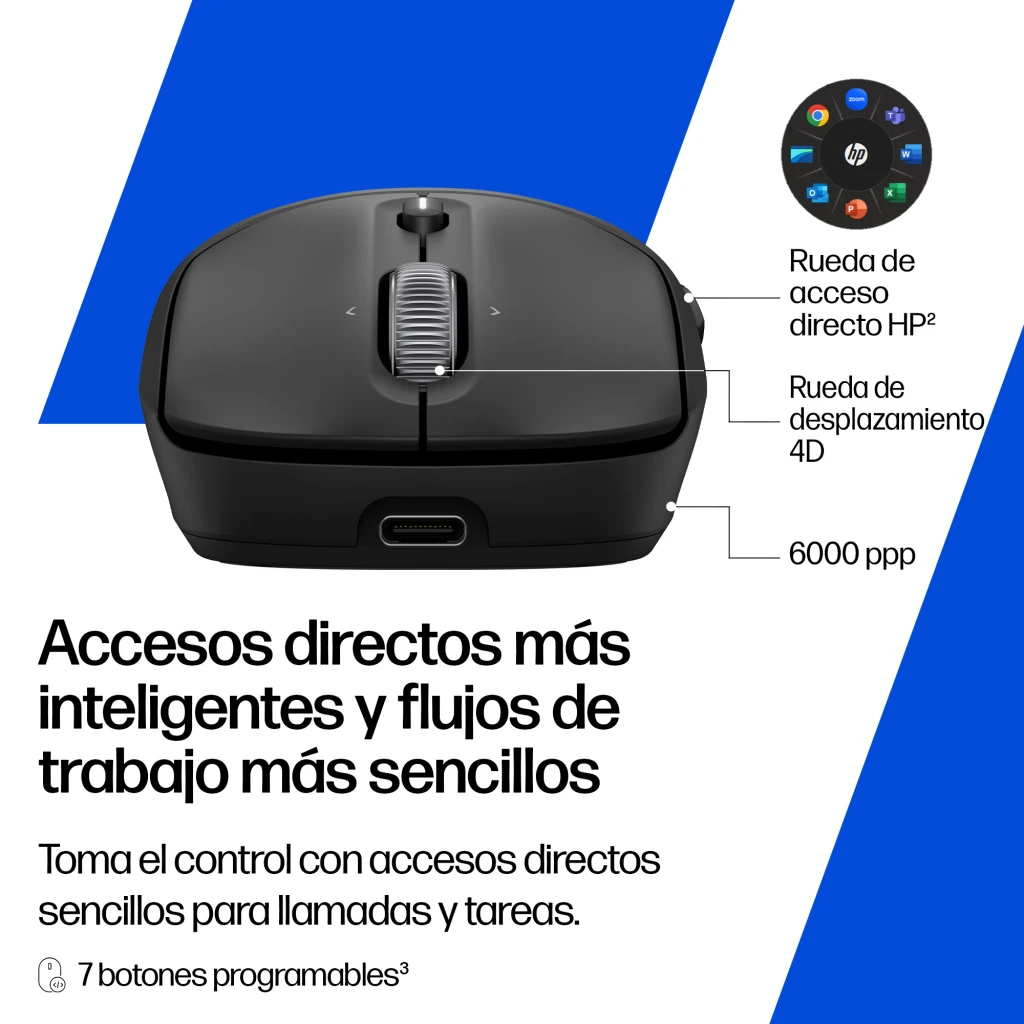 HP Rato sem fios recarregável 705 preto, vista frontal em ângulo: roda prateada, botão central e porta USB-C visível na base - Item3