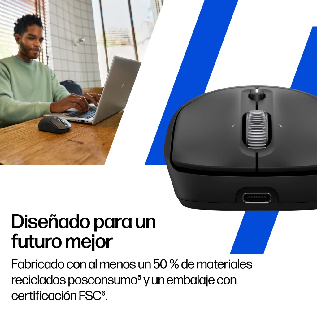 HP Rato sem fios recarregável 705 preto, vista frontal em ângulo: roda prateada, botão central e porta USB-C visível na base - Item4