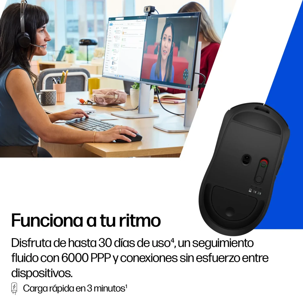 HP Rato sem fios recarregável 705 preto, vista frontal em ângulo: roda prateada, botão central e porta USB-C visível na base - Item6