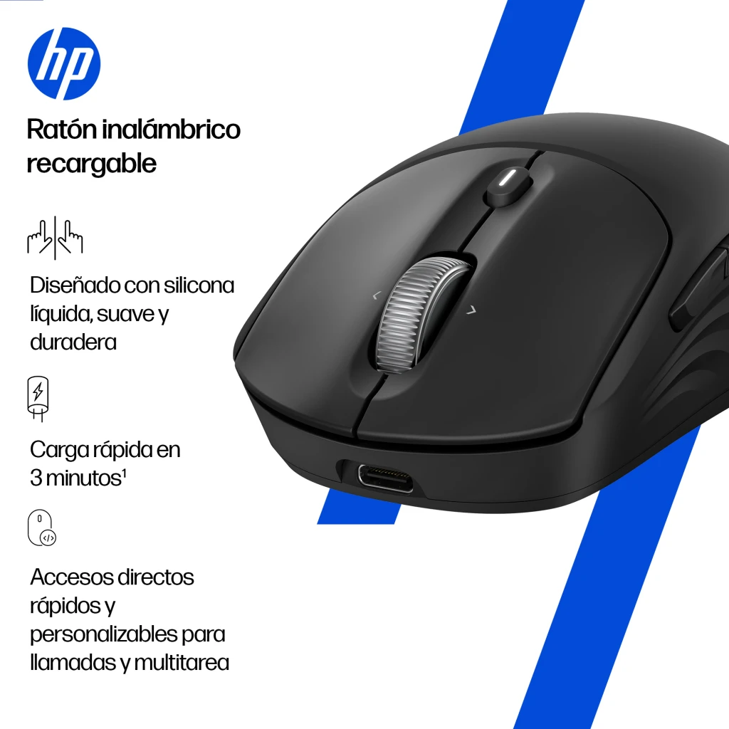 HP Rato sem fios recarregável 705 preto, vista frontal em ângulo: roda prateada, botão central e porta USB-C visível na base - Item7