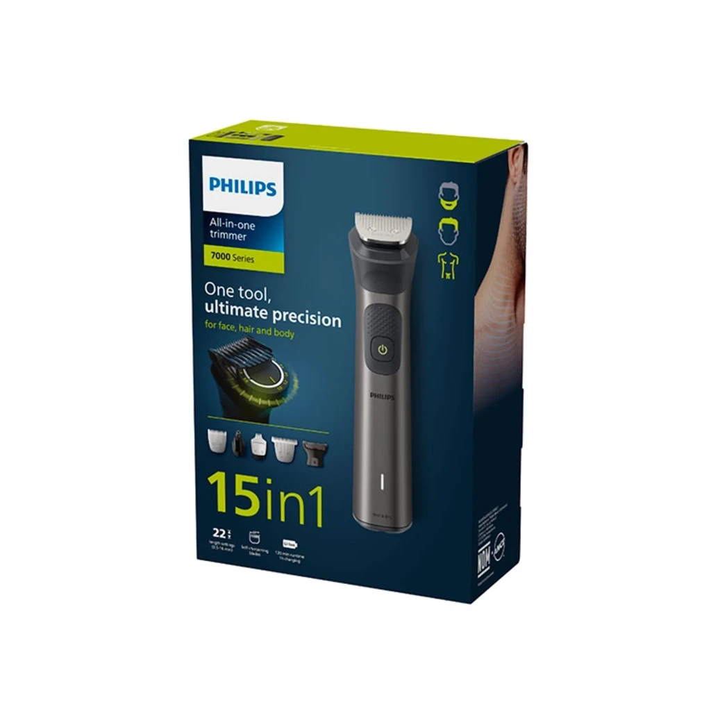 Philips MG7940/15 Series 7000 Gris, accesorios: recortador con todos los cabezales y peines guía sobre fondo negro - Ítem3