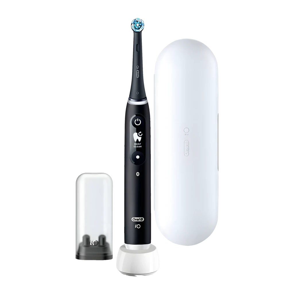 Oral-B iO Series 6 preto, vista conjunto: escova, base carregadora, estojo de viagem branco e cabeça de substituição