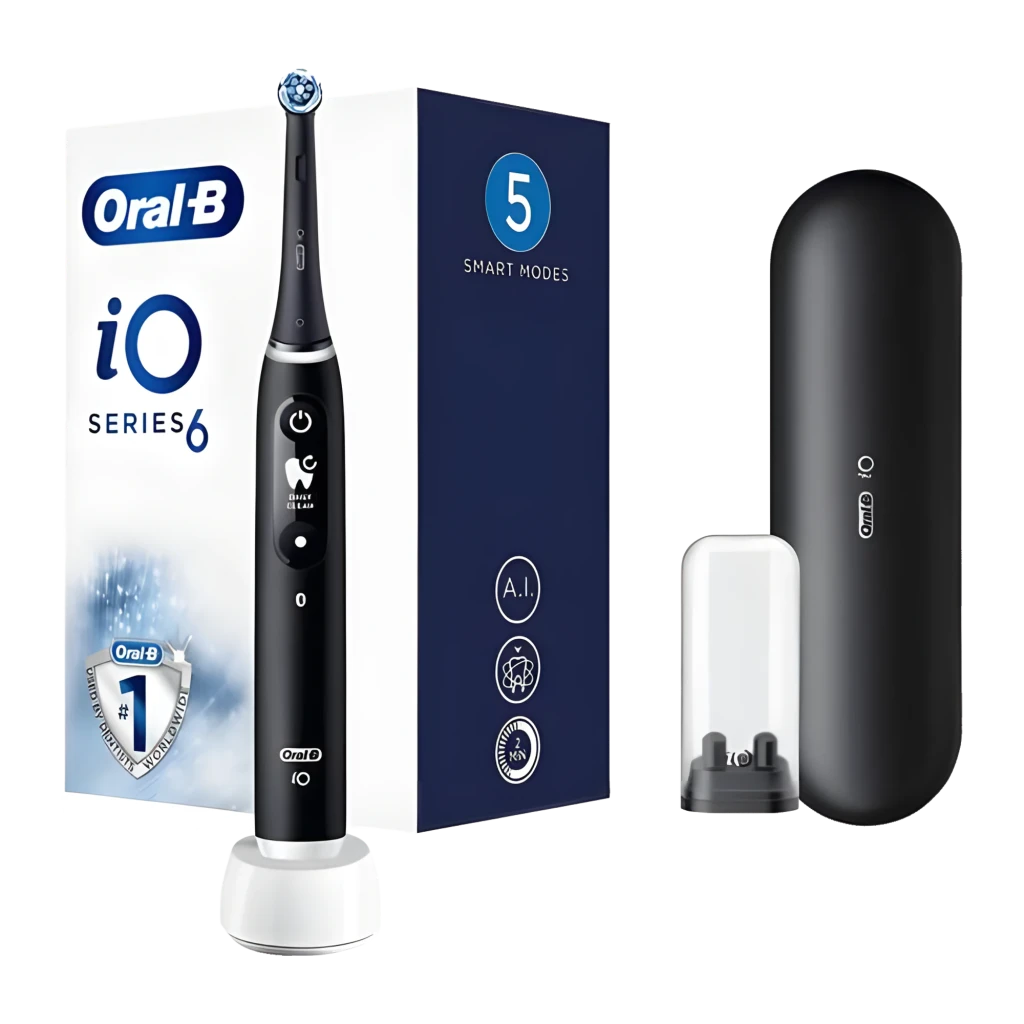 Oral-B iO Series 6 preto, vista conjunto: escova, base carregadora, estojo de viagem branco e cabeça de substituição - Item2