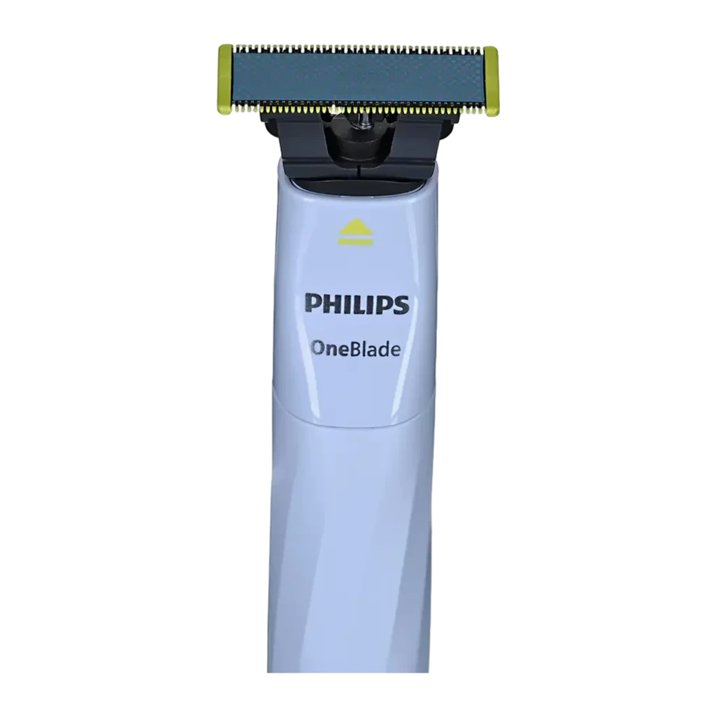 Philips OneBlade 1st Shave QP1324 Bleu, vue de face: manche bleu avec logo, bouton marche et lame jaune - Ítem1