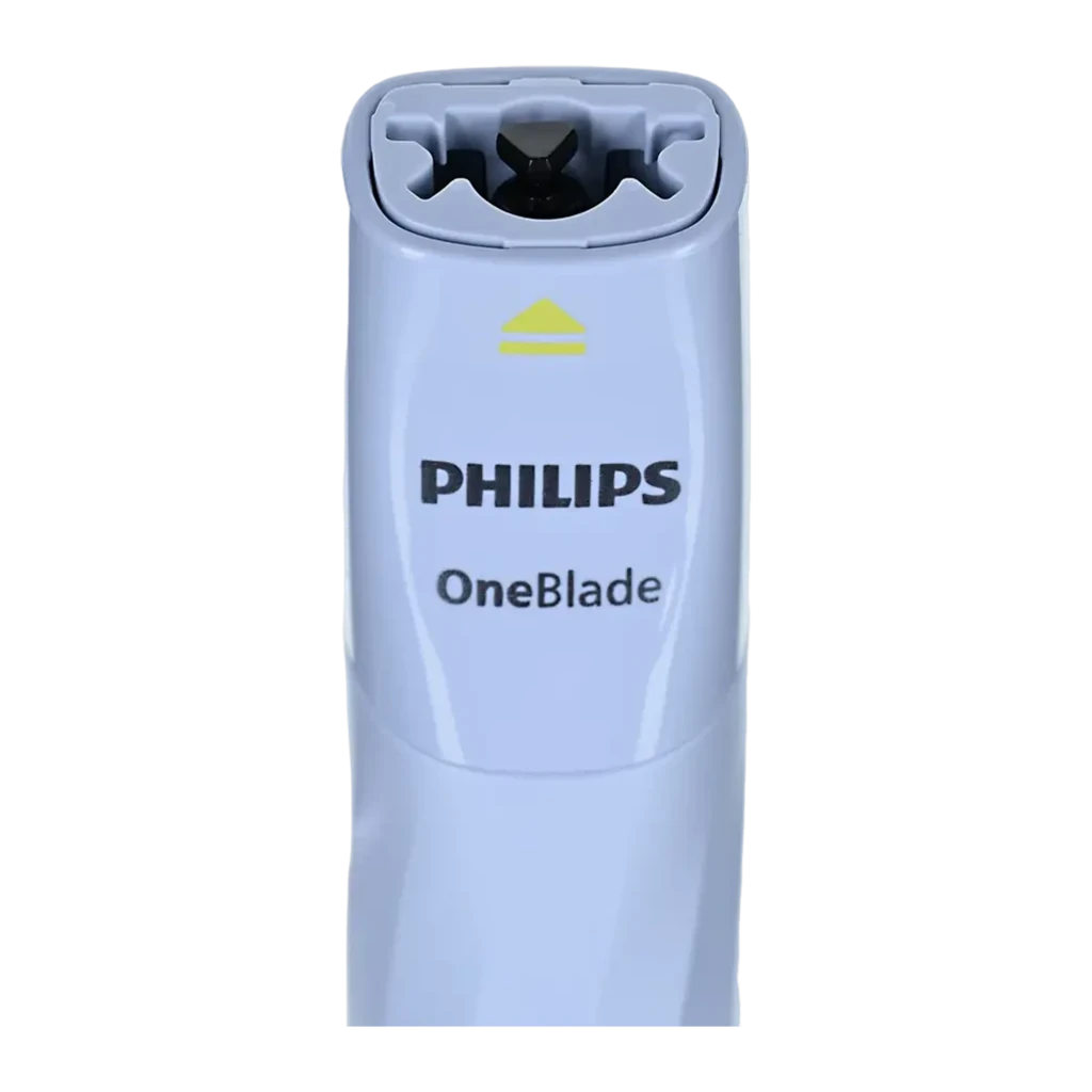Philips OneBlade 1st Shave QP1324 Bleu, vue de face: manche bleu avec logo, bouton marche et lame jaune - Ítem2