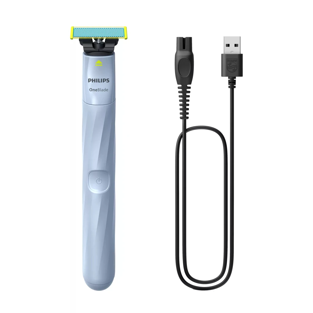 Philips OneBlade 1st Shave QP1324 Bleu, vue de face: manche bleu avec logo, bouton marche et lame jaune - Ítem3