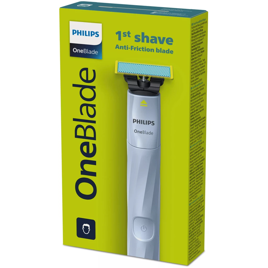 Philips OneBlade 1st Shave QP1324 Bleu, vue de face: manche bleu avec logo, bouton marche et lame jaune - Ítem4