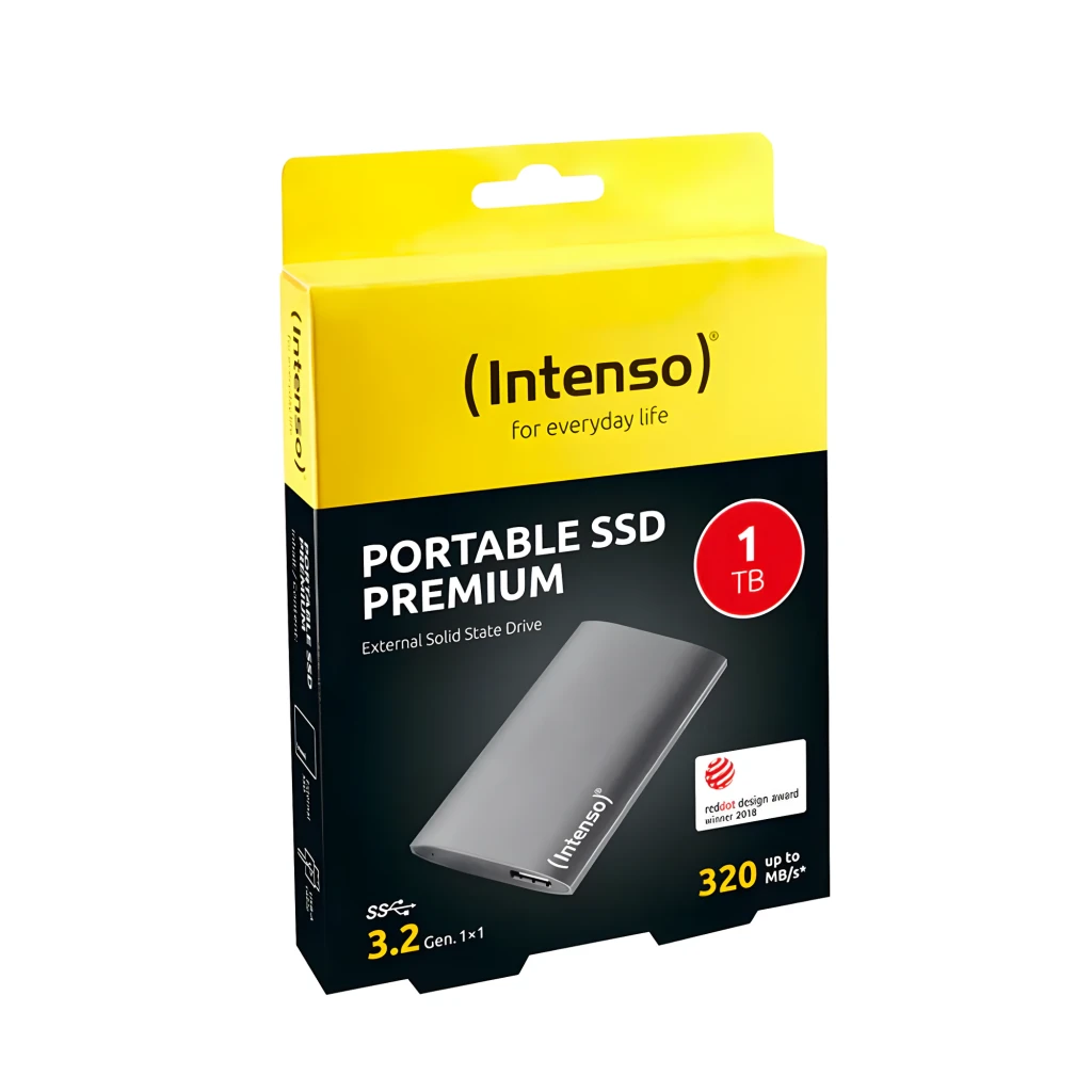 Intenso SSD portátil Premium Edition 1TB cinzento, vista frontal: carcaça metálica lisa com logo (Intenso) no canto inferior - Item2
