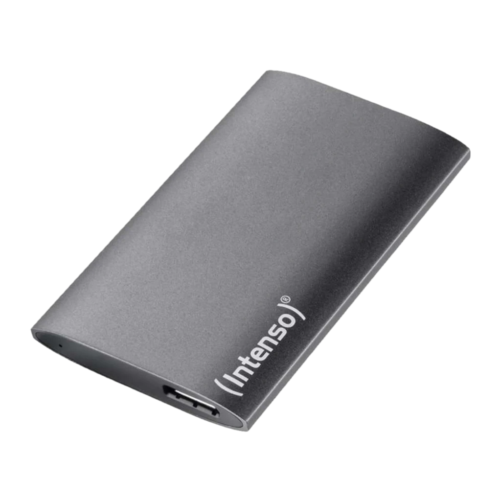 Intenso SSD portátil Premium Edition 1TB cinzento, vista frontal: carcaça metálica lisa com logo (Intenso) no canto inferior - Item1
