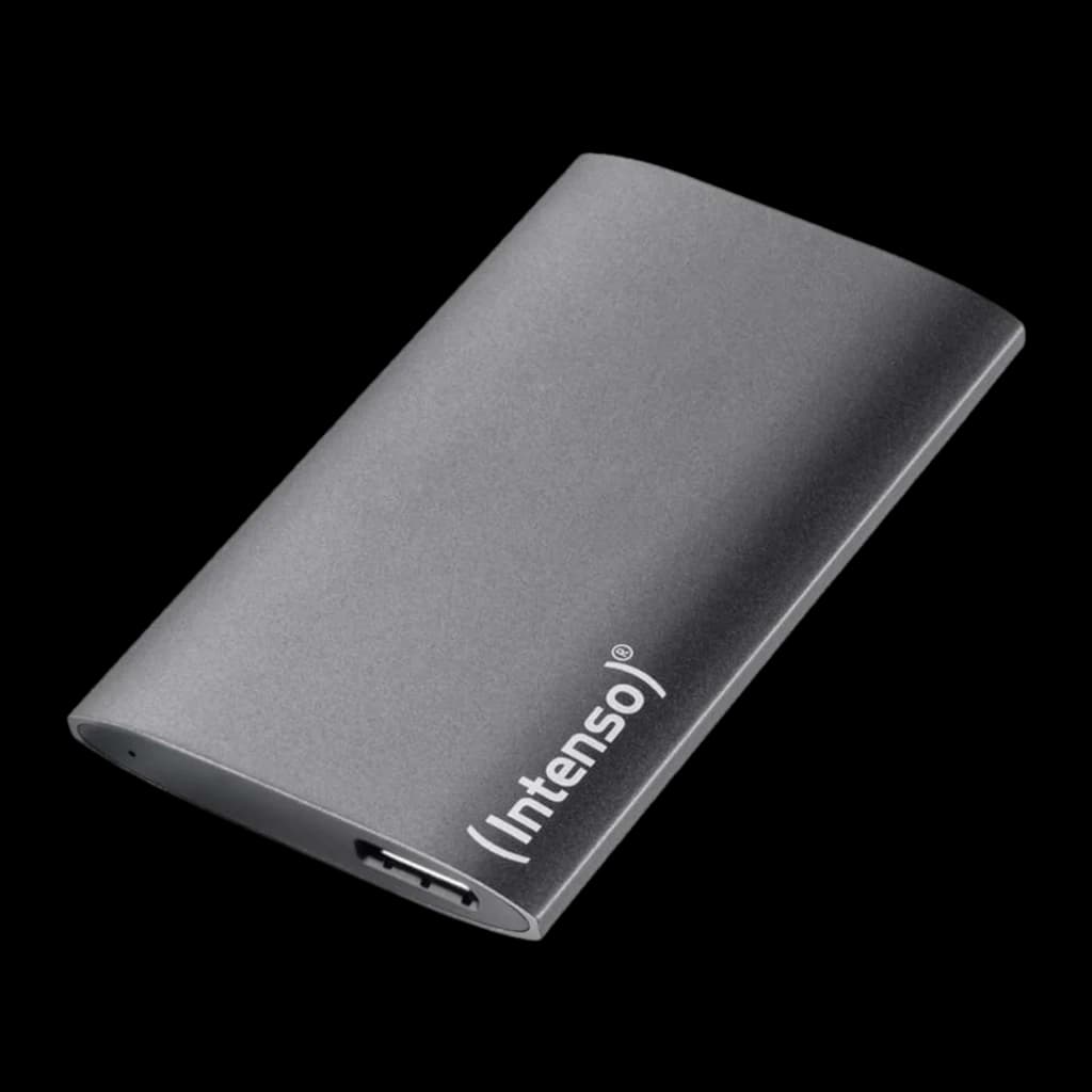 Intenso SSD portable Premium Edition 1TB gris, vue en perspective: angle 3/4 montrant l'épaisseur, port USB et logo (Intenso)