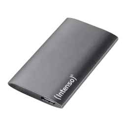 Intenso SSD portable Premium Edition 1TB gris, vue en perspective: angle 3/4 montrant l'épaisseur, port USB et logo (Intenso)