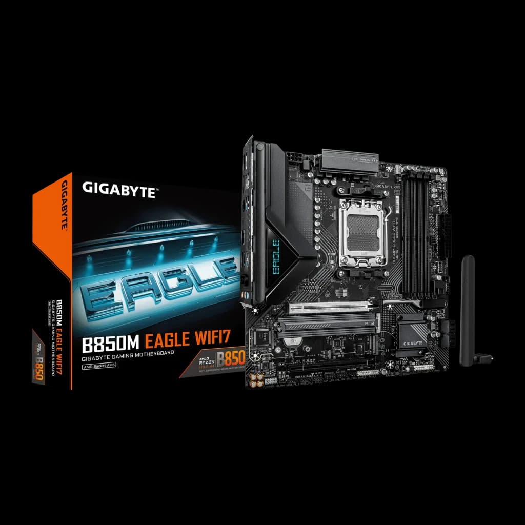 Gigabyte B850M Eagle WiFi7 AM5, kit com caixa: placa-mãe preta ao lado da caixa laranja Eagle, antena WiFi visível à direita