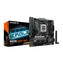 Gigabyte B850M Eagle WiFi7 AM5, kit com caixa: placa-mãe preta ao lado da caixa laranja Eagle, antena WiFi visível à direita