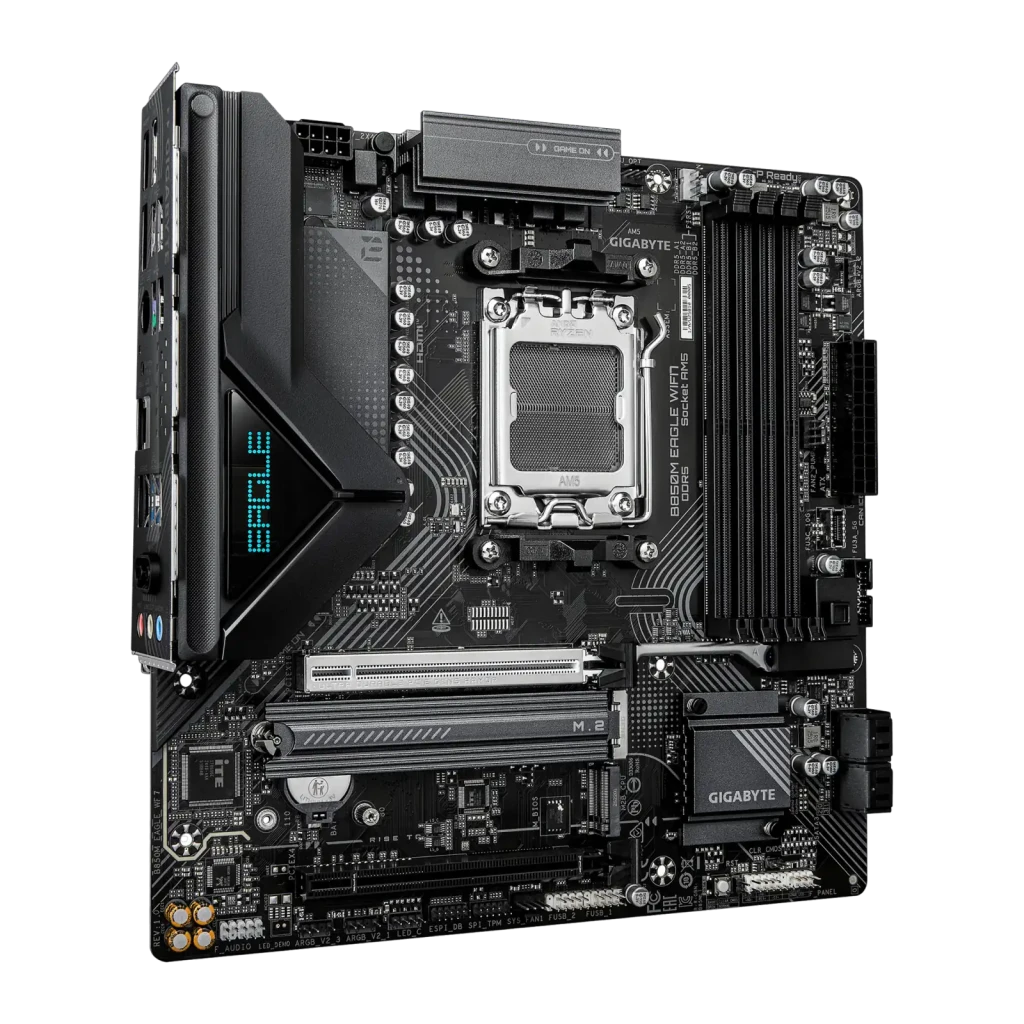 Gigabyte B850M Eagle WiFi7 AM5, kit com caixa: placa-mãe preta ao lado da caixa laranja Eagle, antena WiFi visível à direita - Item2