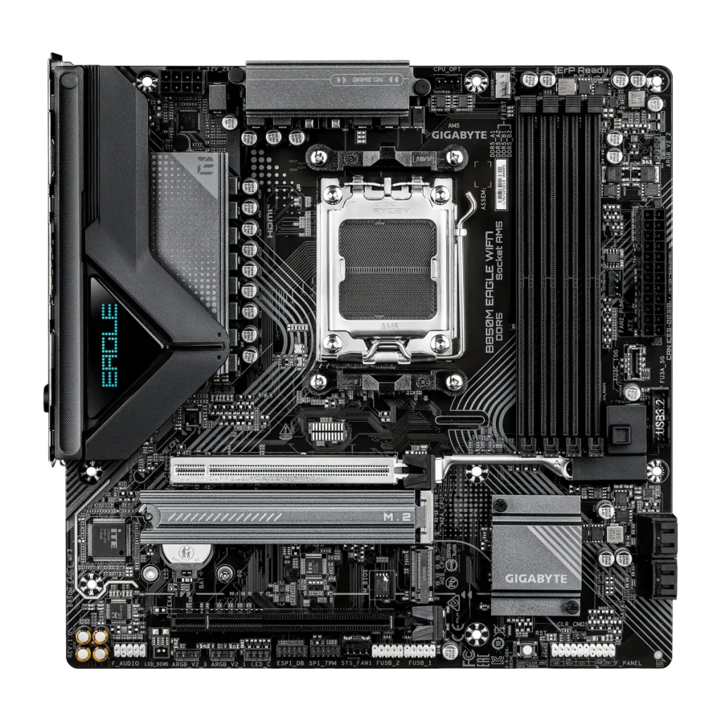 Gigabyte B850M Eagle WiFi7 AM5, kit com caixa: placa-mãe preta ao lado da caixa laranja Eagle, antena WiFi visível à direita - Item1