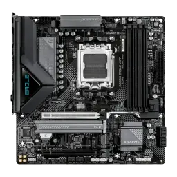 Gigabyte B850M Eagle WiFi7 AM5, vista superior: placa-mãe mATX preta, socket AM5, dissipadores VRM, slots DDR5 e slot M.2