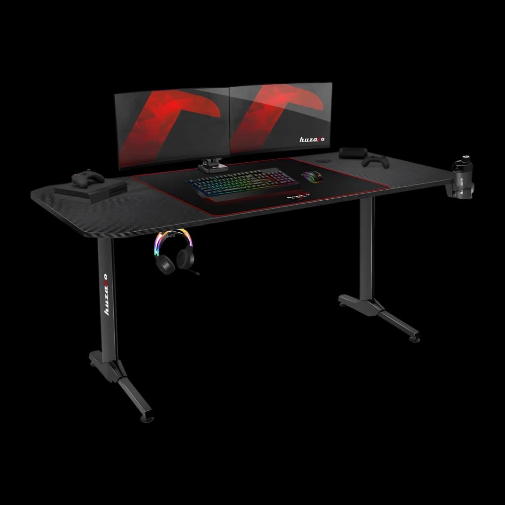 Huzaro Mesa Gaming Hero 4.7 Negro, vista en perspectiva: superficie con alfombrilla, teclado RGB, auriculares y portavasos