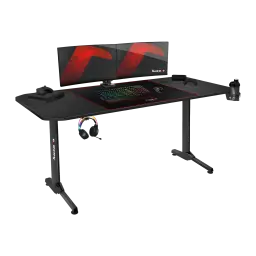 Huzaro Mesa Gaming Hero 4.7 Negro, vista en perspectiva: superficie con alfombrilla, teclado RGB, auriculares y portavasos