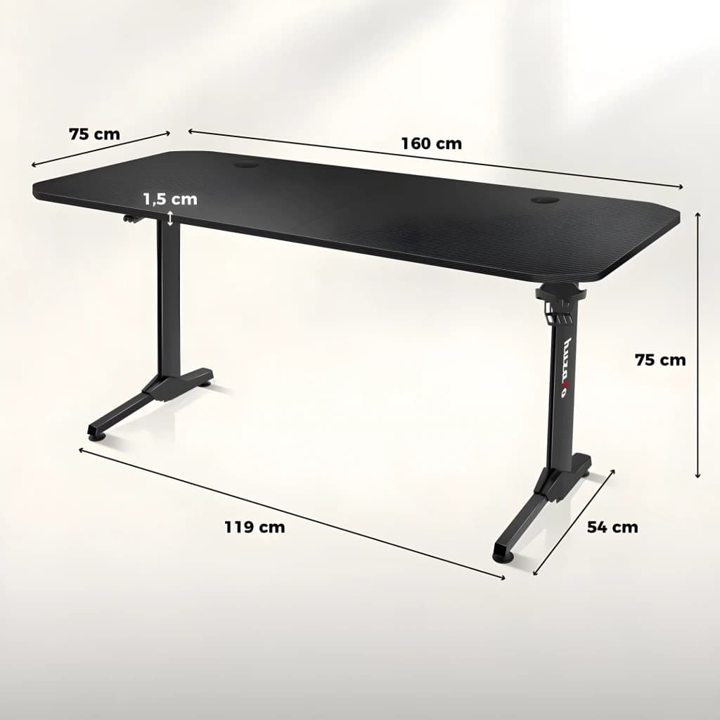 Huzaro Mesa gaming Hero 4.7 Negro, vista lateral con cotas: dimensiones 160x75x75 cm, superficie carbono y patas en T