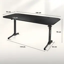 Huzaro Mesa gaming Hero 4.7 Negro, vista lateral con cotas: dimensiones 160x75x75 cm, superficie carbono y patas en T