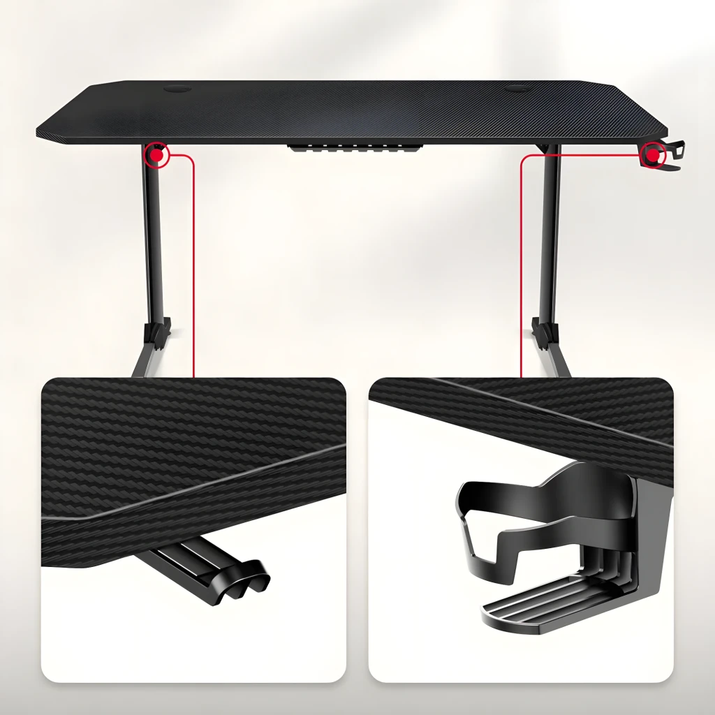 Huzaro Bureau Gaming Hero 4.7 Noir, vue en perspective: surface avec tapis, clavier RGB, support casque et porte-gobelet - Ítem3