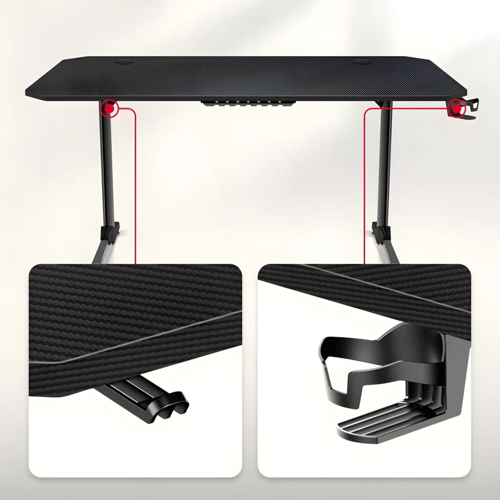 Huzaro Mesa gaming Hero 4.7 Negro, detalle: superficie carbono, gestión de cables y portavasos incluido