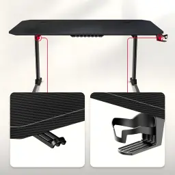 Huzaro Mesa gaming Hero 4.7 Negro, detalle: superficie carbono, gestión de cables y portavasos incluido