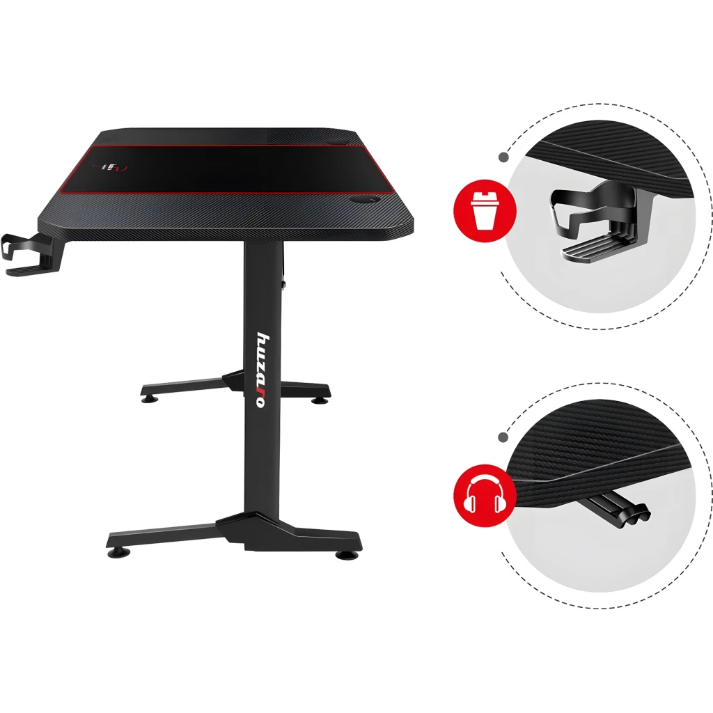 Huzaro Bureau Gaming Hero 4.7 Noir, vue en perspective: surface avec tapis, clavier RGB, support casque et porte-gobelet - Ítem4