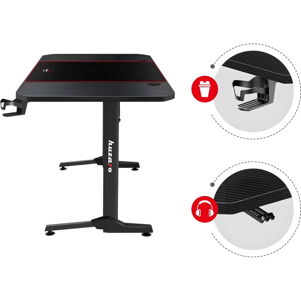 Huzaro Mesa gaming Hero 4.7 Negro, vista lateral: superficie carbono con franja roja, portavasos y soporte auriculares en