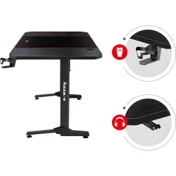 Huzaro Mesa gaming Hero 4.7 Negro, vista lateral: superficie carbono con franja roja, portavasos y soporte auriculares en
