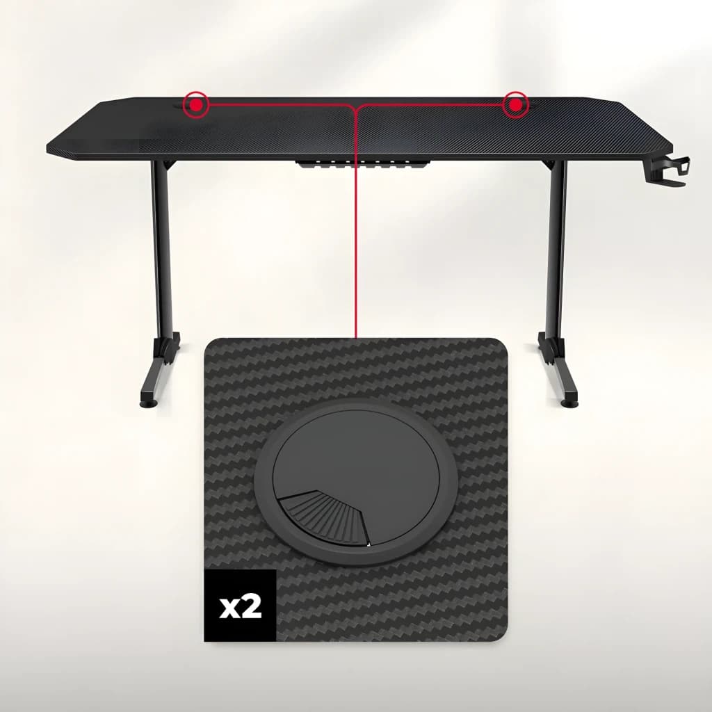 Huzaro Mesa gaming Hero 4.7 Negro, detalle: 2 pasacables circulares en superficie efecto carbono señalados con líneas rojas