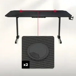 Huzaro Mesa gaming Hero 4.7 Negro, detalle: 2 pasacables circulares en superficie efecto carbono señalados con líneas rojas
