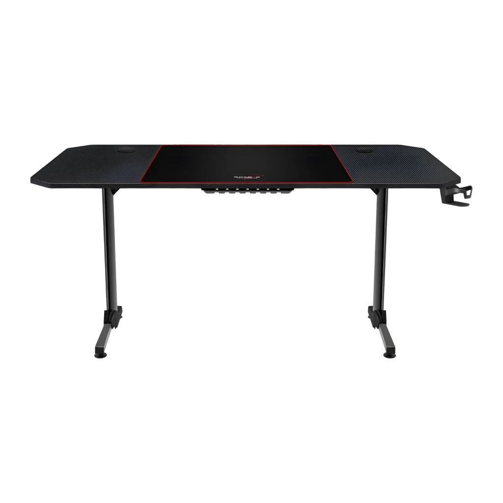 Huzaro Bureau Gaming Hero 4.7 Noir, vue en perspective: surface avec tapis, clavier RGB, support casque et porte-gobelet - Ítem1