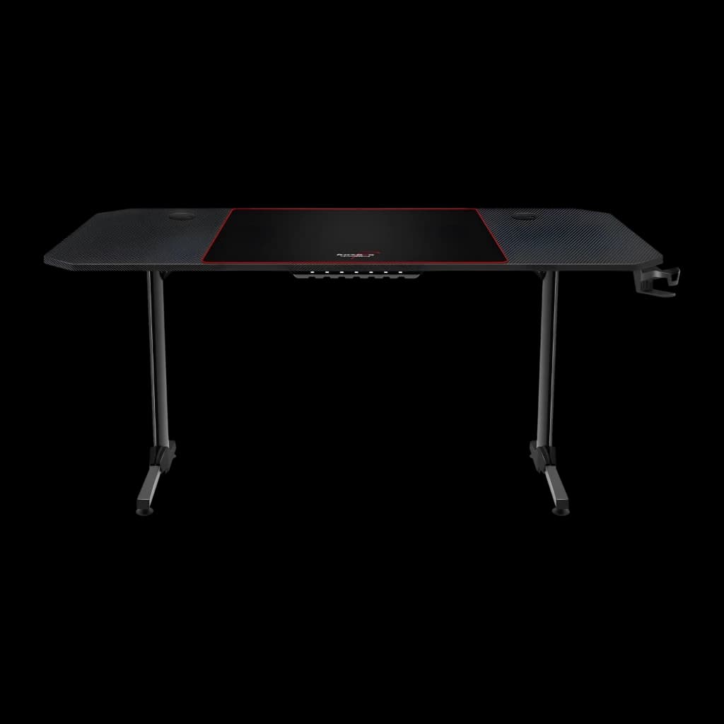 Huzaro Mesa gaming Hero 4.7 Negro, vista frontal: superficie carbon fiber, alfombrilla roja incluida y gancho auriculares