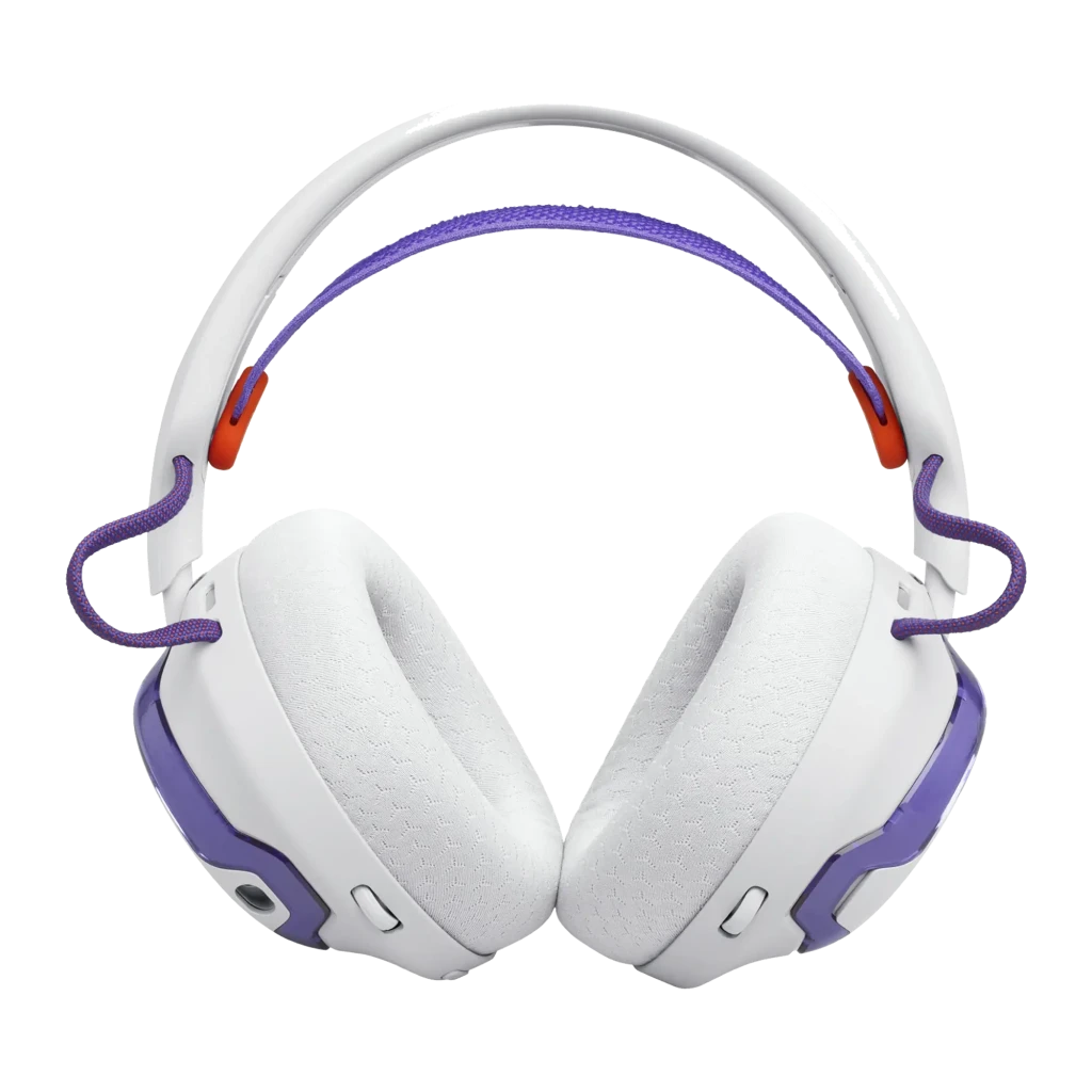 JBL Quantum 650 Wireless blanc violet, vue de face: casque avec micro déployé, coussinets blancs et arceau violet - Ítem1