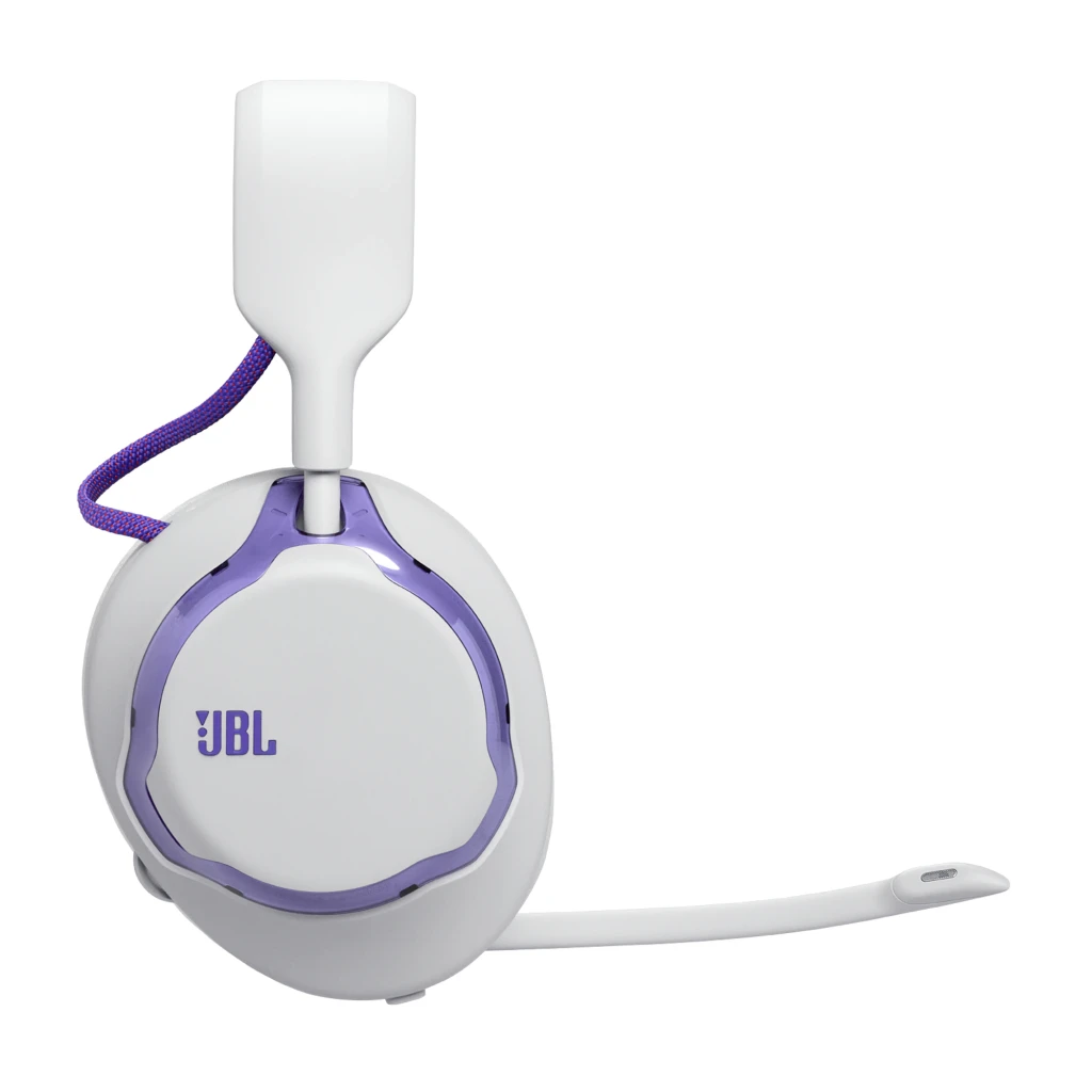 JBL Quantum 650 Wireless blanc violet, vue de face: casque avec micro déployé, coussinets blancs et arceau violet - Ítem2