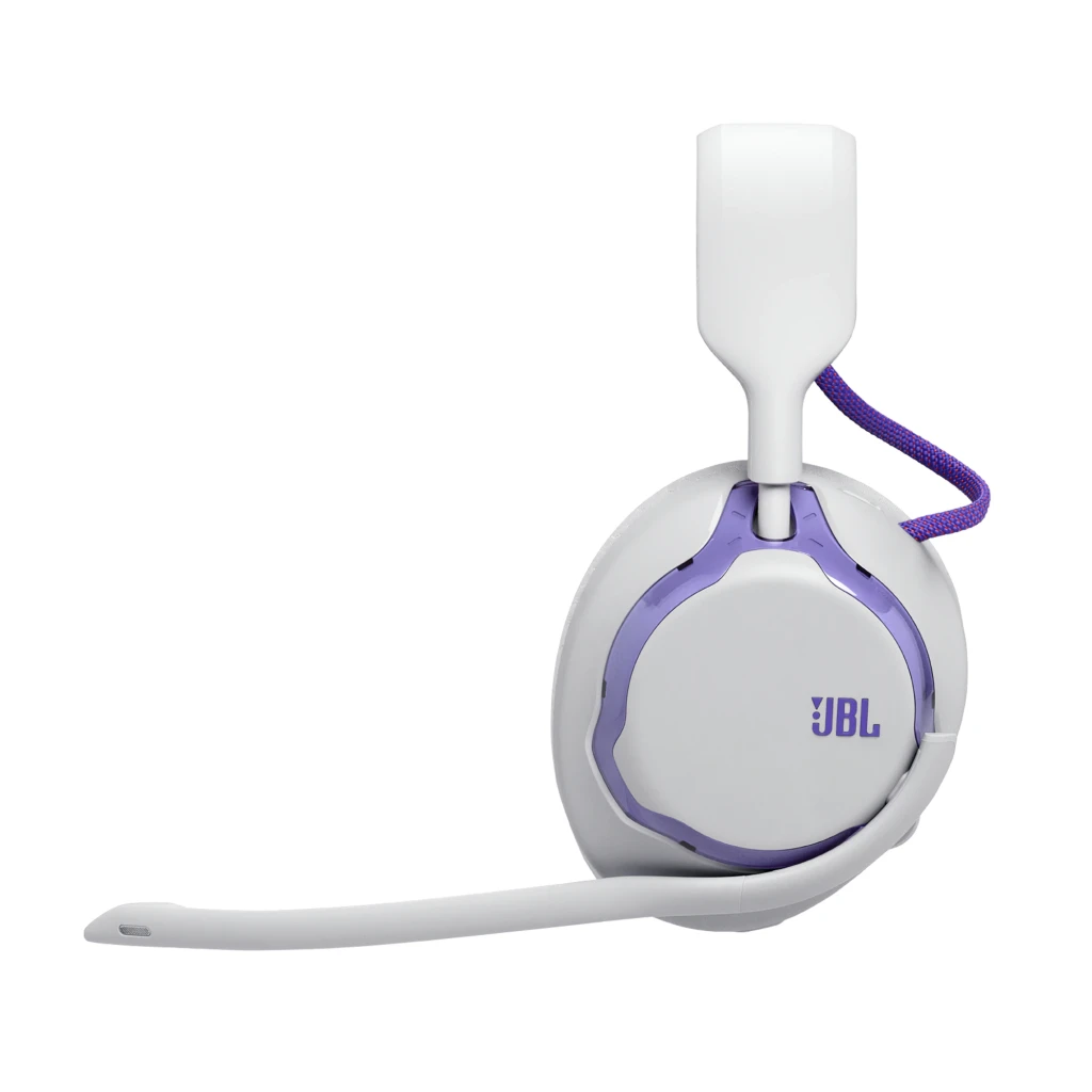 JBL Quantum 650 Wireless blanc violet, vue de face: casque avec micro déployé, coussinets blancs et arceau violet - Ítem3
