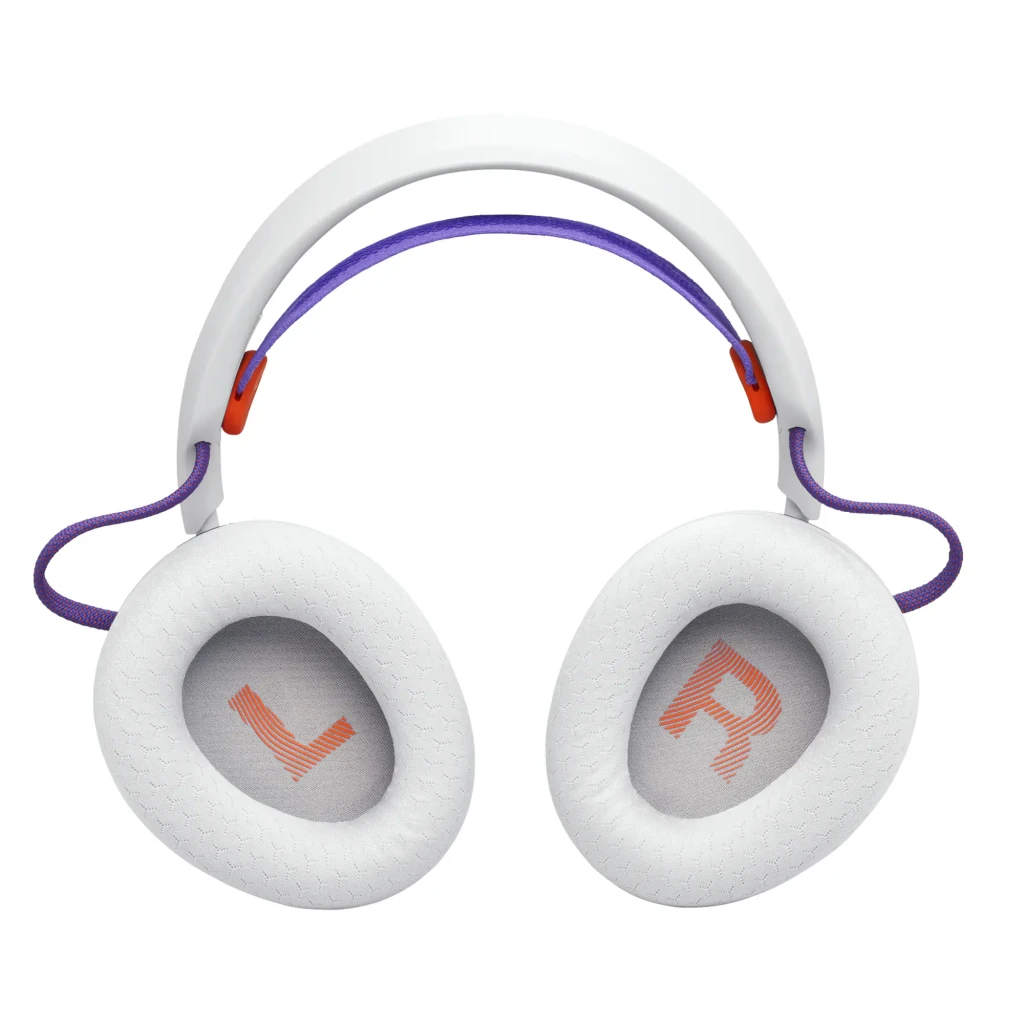 JBL Quantum 650 Wireless blanc violet, vue de face: casque avec micro déployé, coussinets blancs et arceau violet - Ítem5