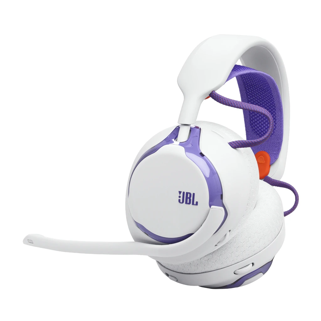 JBL Quantum 650 Wireless blanc violet, vue de face: casque avec micro déployé, coussinets blancs et arceau violet - Ítem4